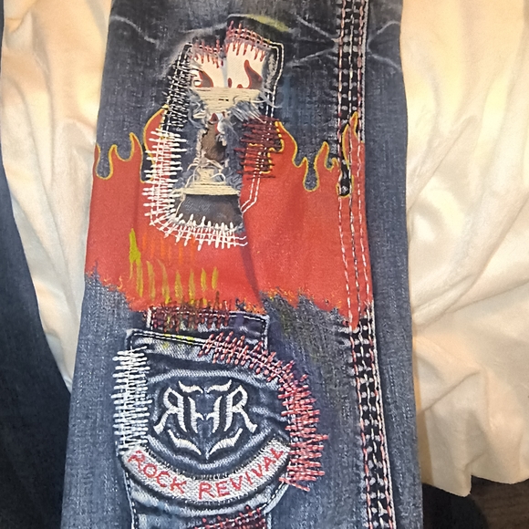 Rock Revival Blue Denim Jeans with Red Flame & Patch Accents - Picture 4 of 6
